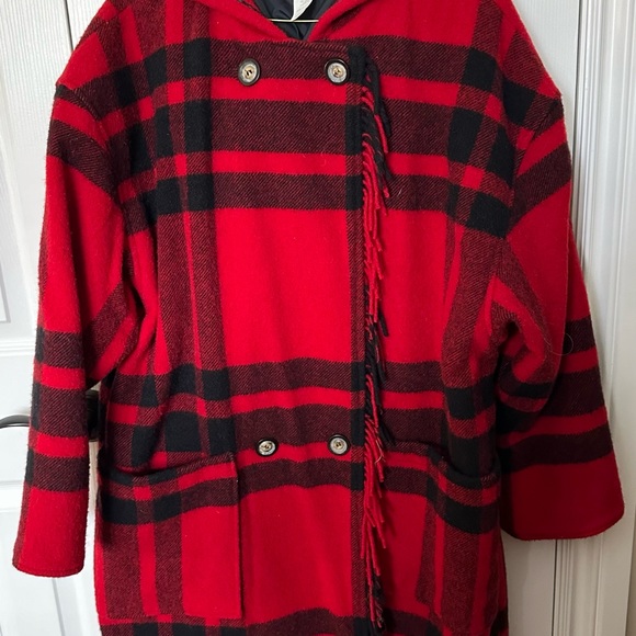 Vintage LL BEAN Women’s Red Black Plaid Wool Coat size Petite XL - Picture 7 of 7